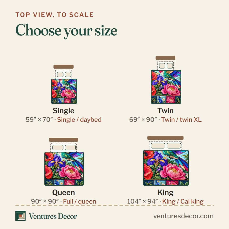 Size guide for the Hummingbird Jewel Garden Quilt Set, 3-Piece Quilted Bedding with 2 Pillow Shams quilt, top view to scale: Single 59 x 70 in, Twin 69 x 90 in, Queen 90 x 90 in, King 104 x 94 in