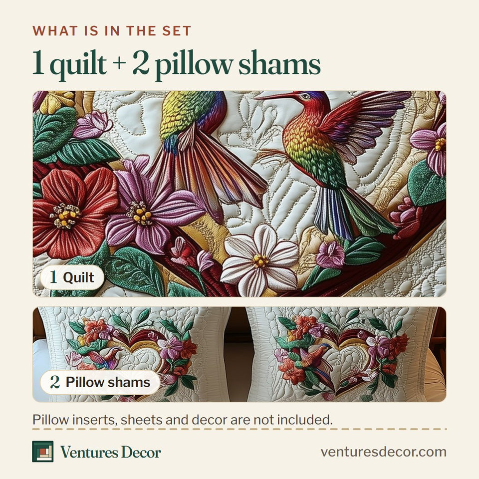 What is in the set: one quilt and two pillow shams, shown in the Hummingbird Love Blossom Heart On Cream design