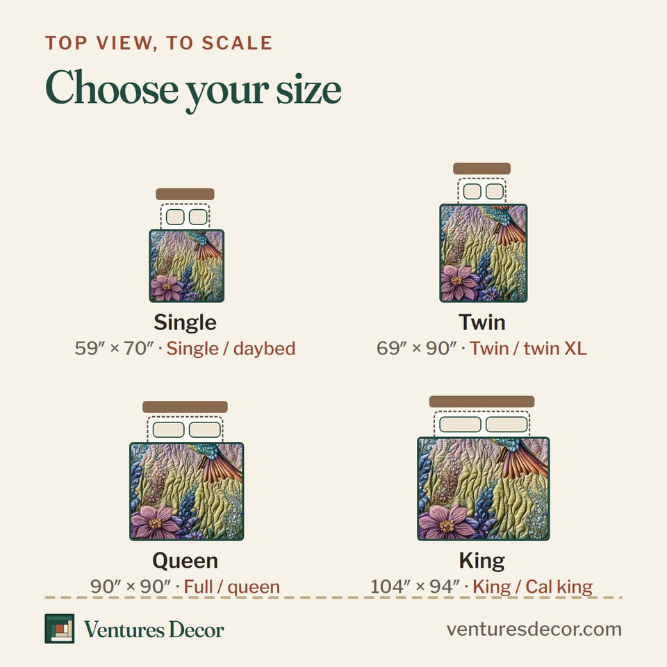 Size guide for the Hummingbird Lupine Dawn quilt, top view to scale: Single 59 x 70 in, Twin 69 x 90 in, Queen 90 x 90 in, King 104 x 94 in