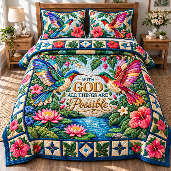 Hummingbird Meadow Dance quilted bedding set, quilt and two pillow shams on a made bed