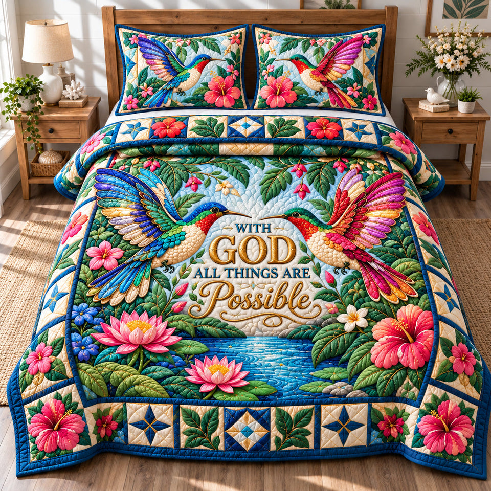 Hummingbird Meadow Dance quilted bedding set, quilt and two pillow shams on a made bed