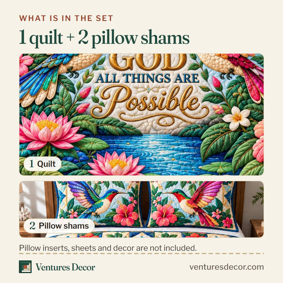 What is in the set: one quilt and two pillow shams, shown in the Hummingbird Meadow Dance Quilt Set, 3-Piece Quilted Bedding with 2 Pillow Shams design
