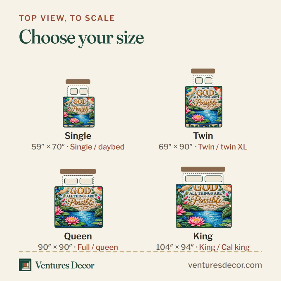 Size guide for the Hummingbird Meadow Dance Quilt Set, 3-Piece Quilted Bedding with 2 Pillow Shams quilt, top view to scale: Single 59 x 70 in, Twin 69 x 90 in, Queen 90 x 90 in, King 104 x 94 in