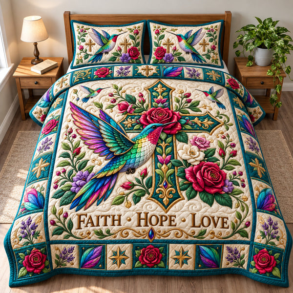 Hummingbird Nature Harmony quilted bedding set, quilt and two pillow shams on a made bed