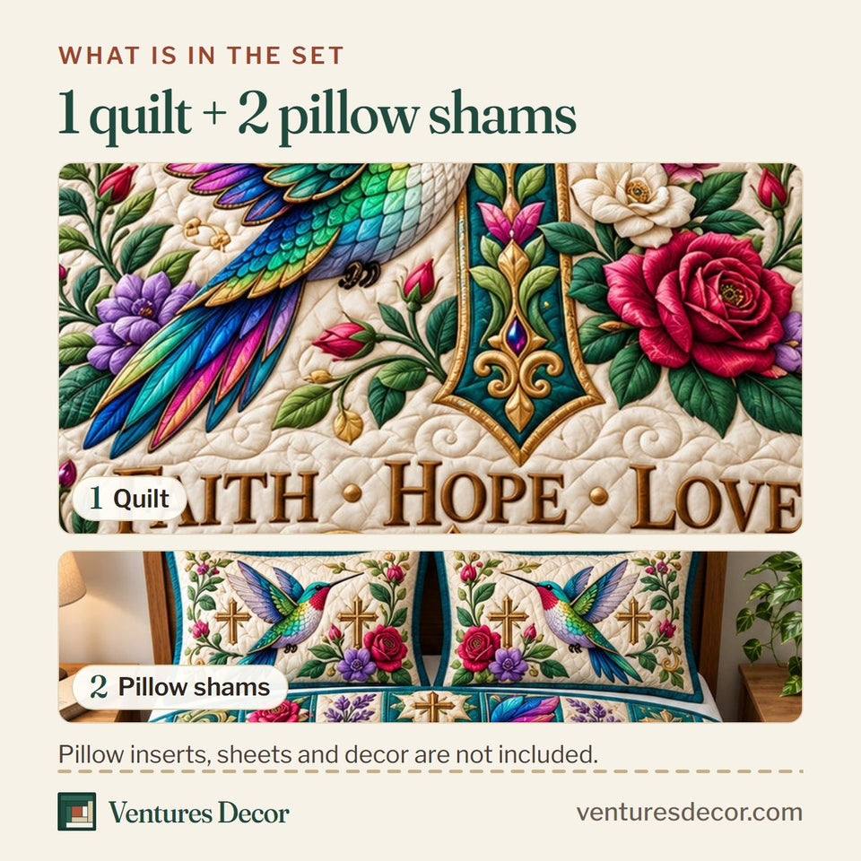 What is in the set: one quilt and two pillow shams, shown in the Hummingbird Nature Harmony Quilt Set, 3-Piece Quilted Bedding with 2 Pillow Shams design