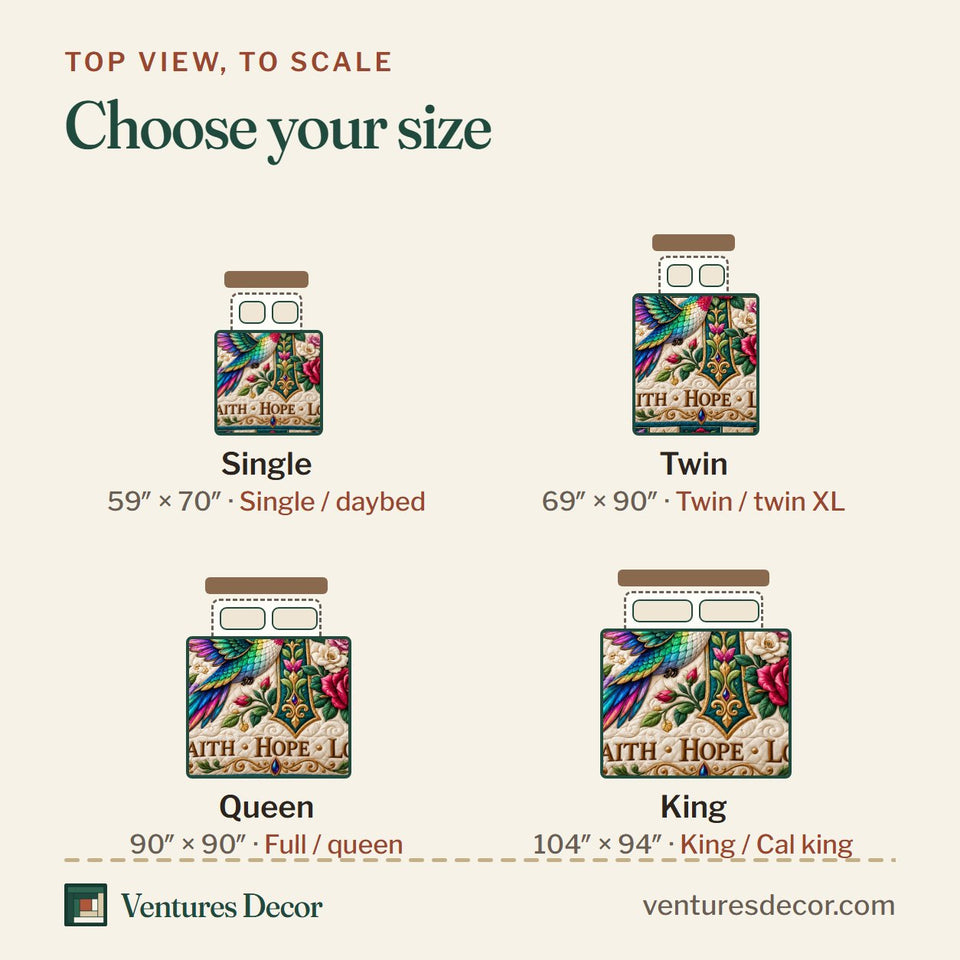 Size guide for the Hummingbird Nature Harmony Quilt Set, 3-Piece Quilted Bedding with 2 Pillow Shams quilt, top view to scale: Single 59 x 70 in, Twin 69 x 90 in, Queen 90 x 90 in, King 104 x 94 in