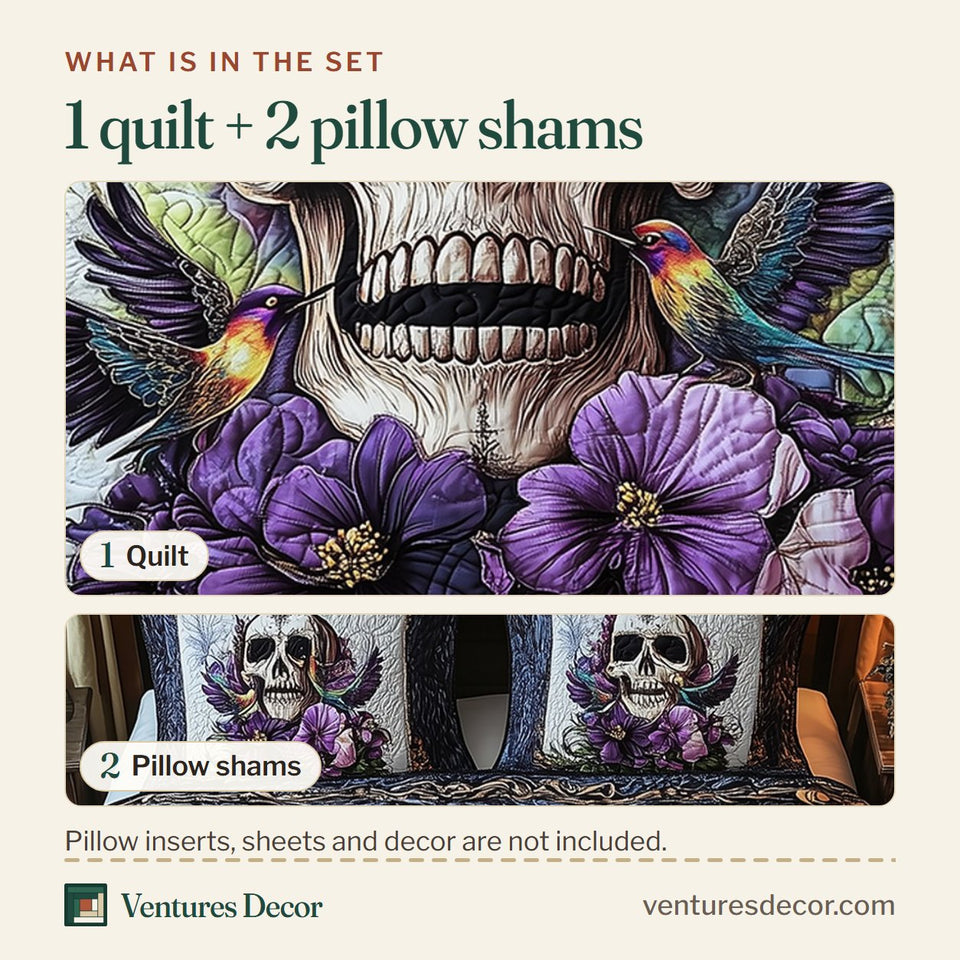 What is in the set: one quilt and two pillow shams, shown in the Hummingbird Skull Cream Swirl and Violets design