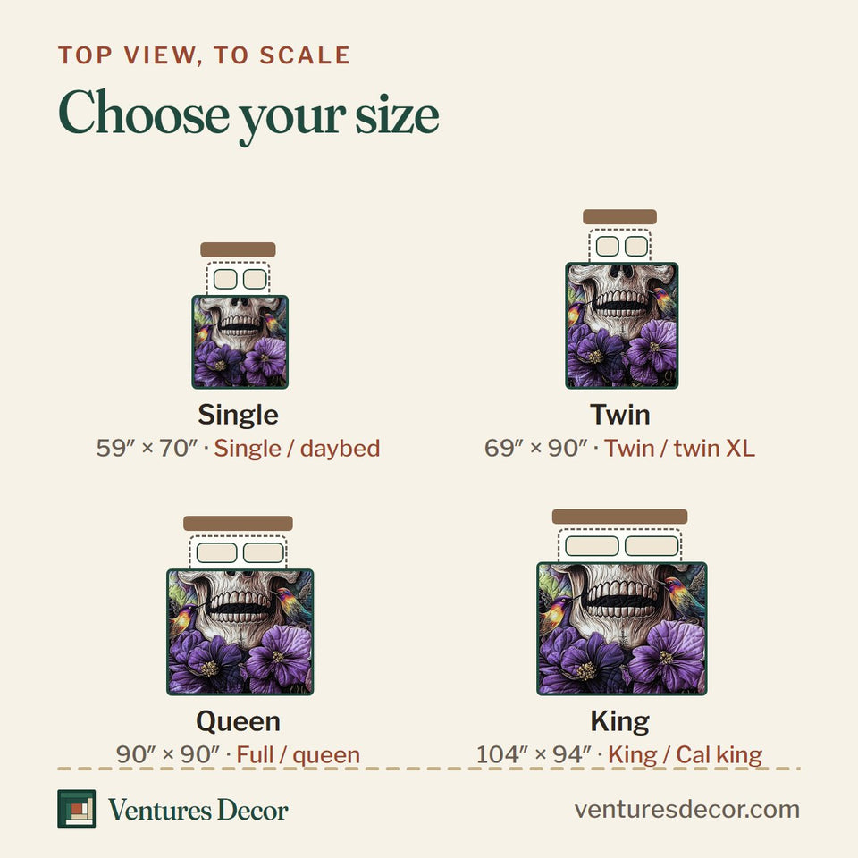 Size guide for the Hummingbird Skull Cream Swirl and Violets quilt, top view to scale: Single 59 x 70 in, Twin 69 x 90 in, Queen 90 x 90 in, King 104 x 94 in