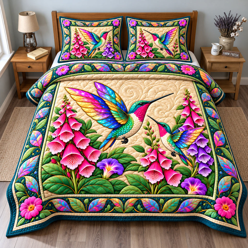 Hummingbird Stained Glass quilted bedding set, quilt and two pillow shams on a made bed