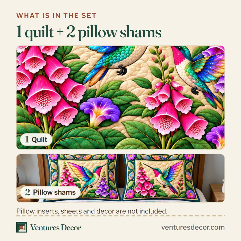 What is in the set: one quilt and two pillow shams, shown in the Hummingbird Stained Glass Quilt Set, 3-Piece Quilted Bedding with 2 Pillow Shams design