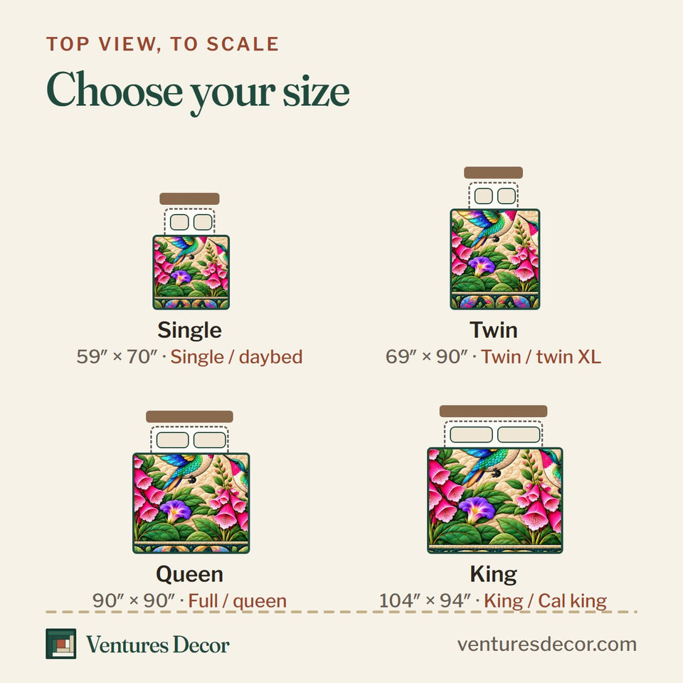 Size guide for the Hummingbird Stained Glass Quilt Set, 3-Piece Quilted Bedding with 2 Pillow Shams quilt, top view to scale: Single 59 x 70 in, Twin 69 x 90 in, Queen 90 x 90 in, King 104 x 94 in