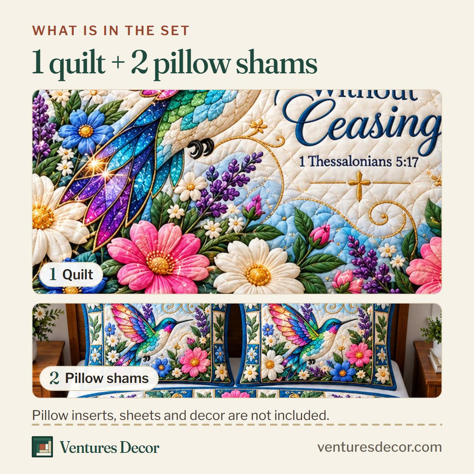 What is in the set: one quilt and two pillow shams, shown in the Hummingbird Summer Paradise Quilt Set, 3-Piece Quilted Bedding with 2 Pillow Shams design