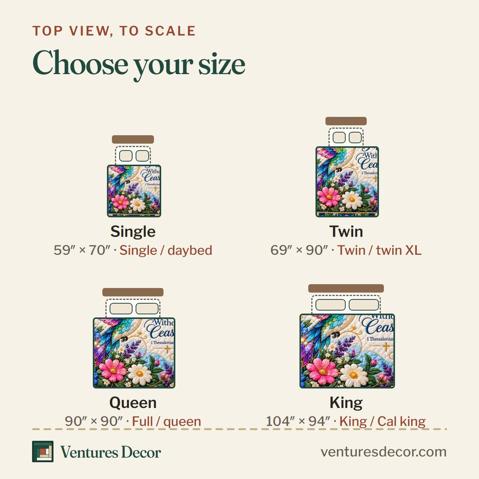 Size guide for the Hummingbird Summer Paradise Quilt Set, 3-Piece Quilted Bedding with 2 Pillow Shams quilt, top view to scale: Single 59 x 70 in, Twin 69 x 90 in, Queen 90 x 90 in, King 104 x 94 in