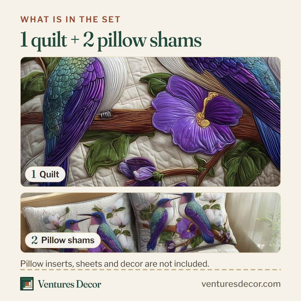 What is in the set: one quilt and two pillow shams, shown in the Hummingbird Violet Garden design