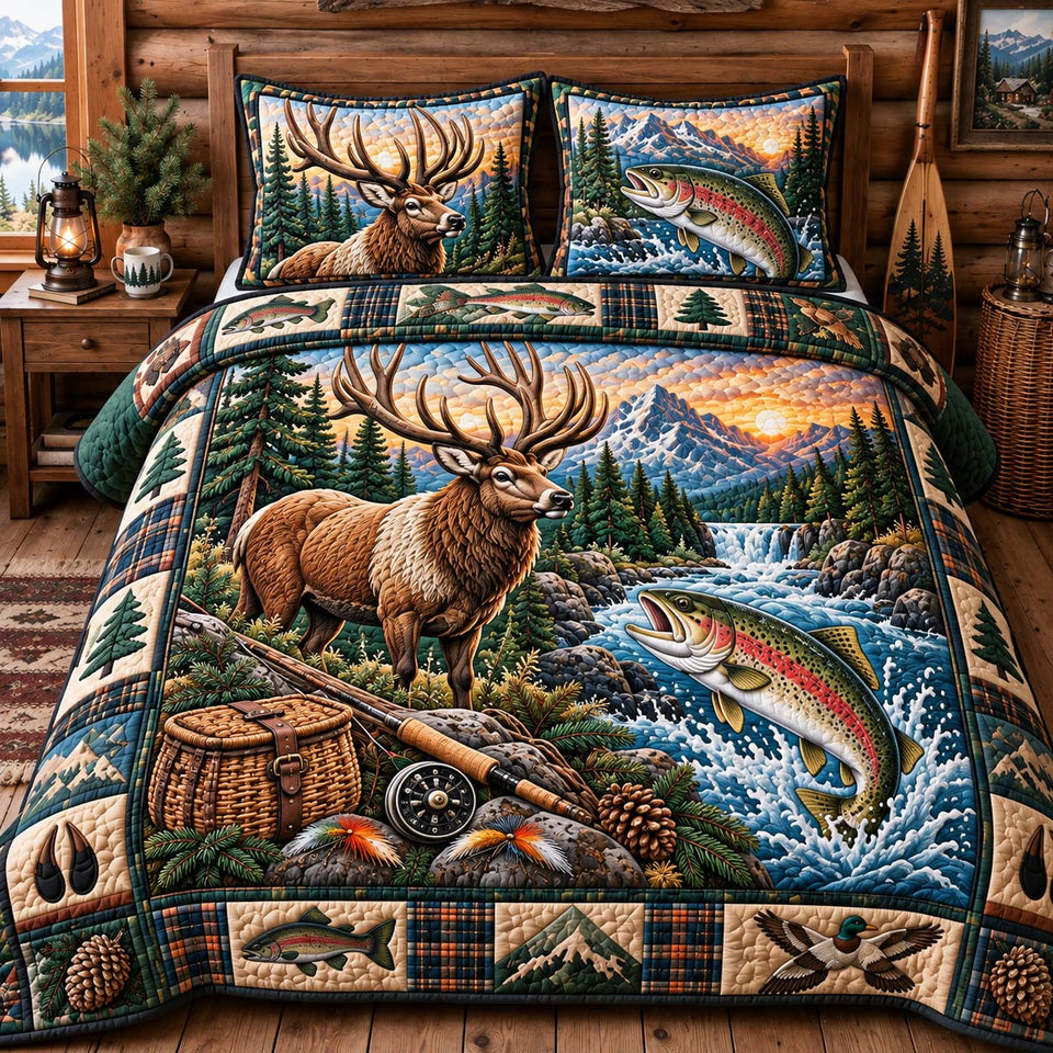 Hunt And Fish Cabin Lodge quilted bedding set, quilt and two pillow shams on a made bed