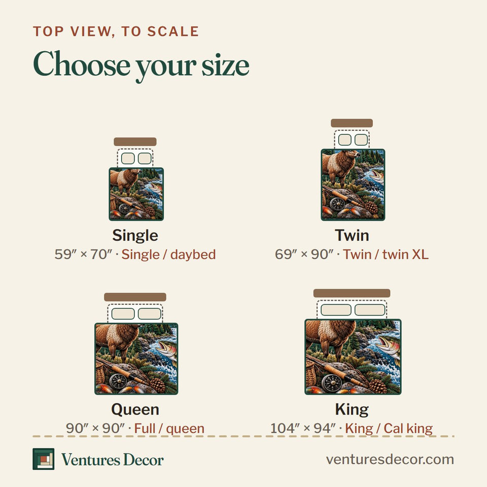 Size guide for the Hunt And Fish Cabin Lodge quilt, top view to scale: Single 59 x 70 in, Twin 69 x 90 in, Queen 90 x 90 in, King 104 x 94 in