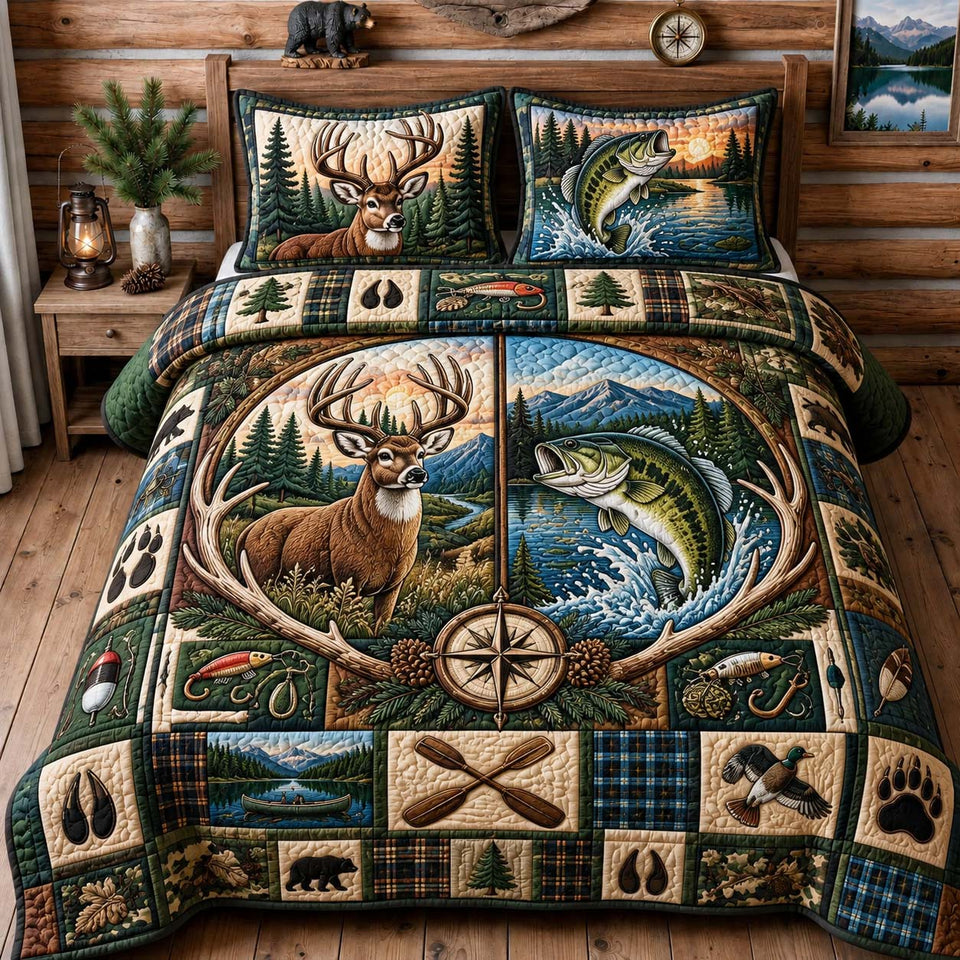 Hunt And Fish Hunting quilted bedding set, quilt and two pillow shams on a made bed
