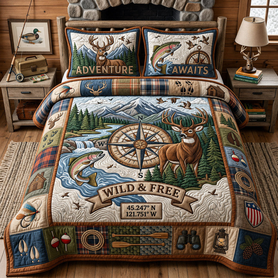Hunting And Fishing Compass Adventure quilted bedding set, quilt and two pillow shams on a made bed