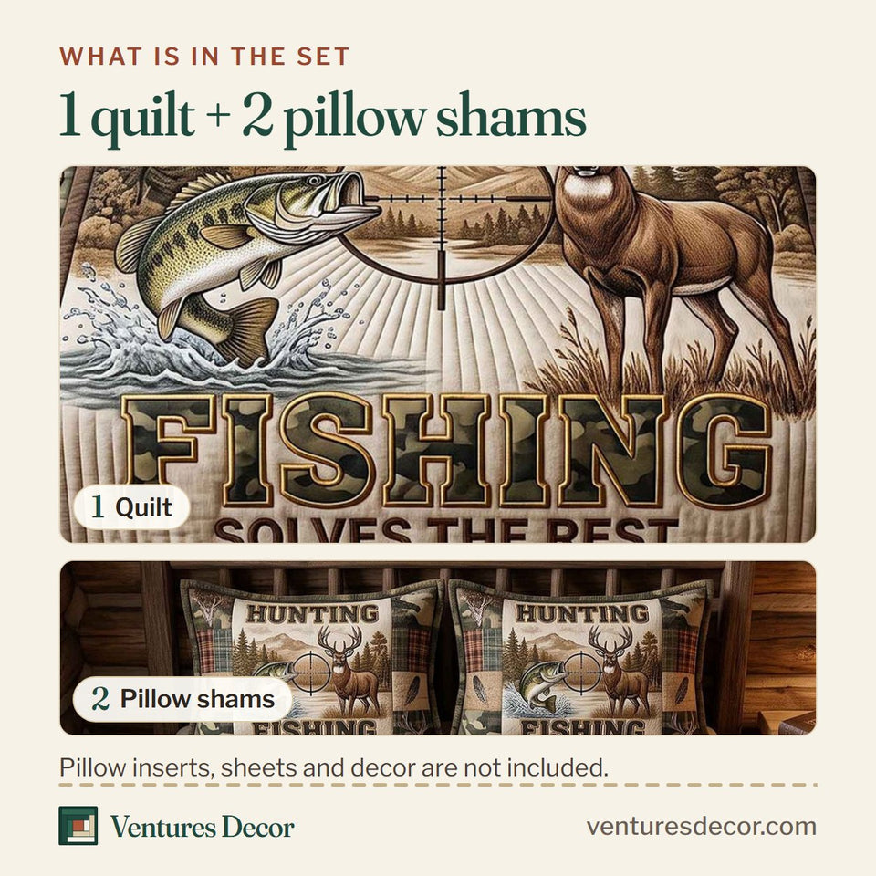 What is in the set: one quilt and two pillow shams, shown in the Hunting And Fishing Crosshair Buck Cream design