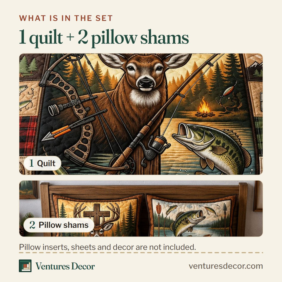 What is in the set: one quilt and two pillow shams, shown in the Hunting And Fishing Sunset Cross Buck design