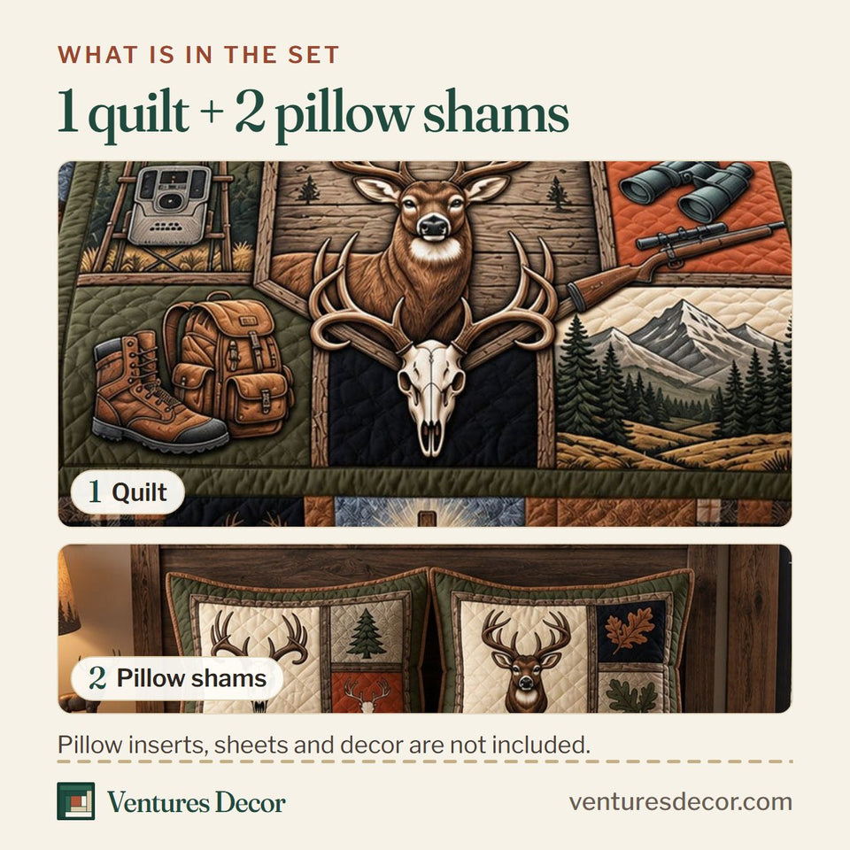 What is in the set: one quilt and two pillow shams, shown in the Hunting Faith design