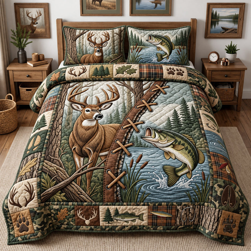 Hunting Fishing Autumn quilted bedding set, quilt and two pillow shams on a made bed