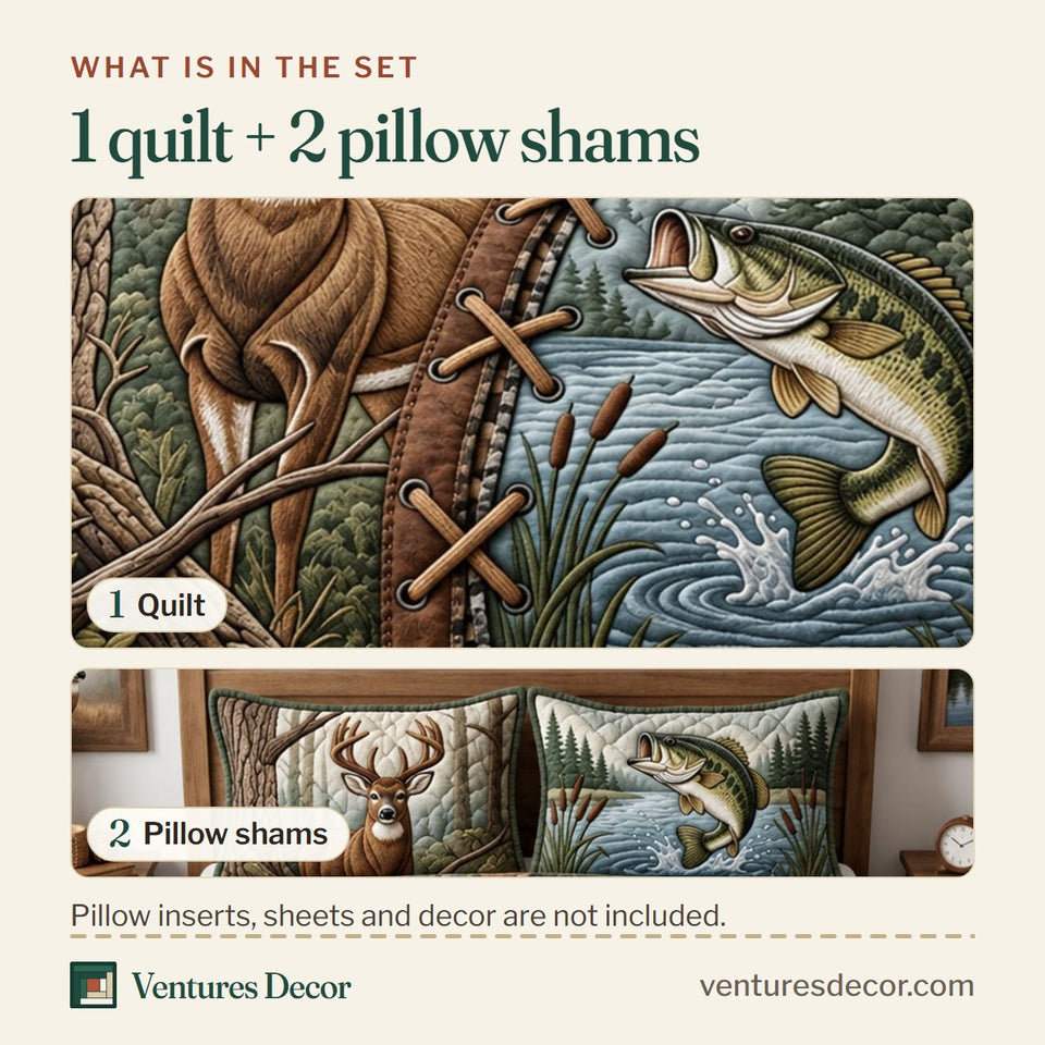 What is in the set: one quilt and two pillow shams, shown in the Hunting Fishing Autumn design