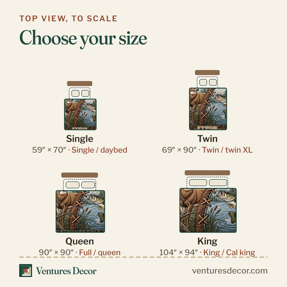 Size guide for the Hunting Fishing Autumn quilt, top view to scale: Single 59 x 70 in, Twin 69 x 90 in, Queen 90 x 90 in, King 104 x 94 in