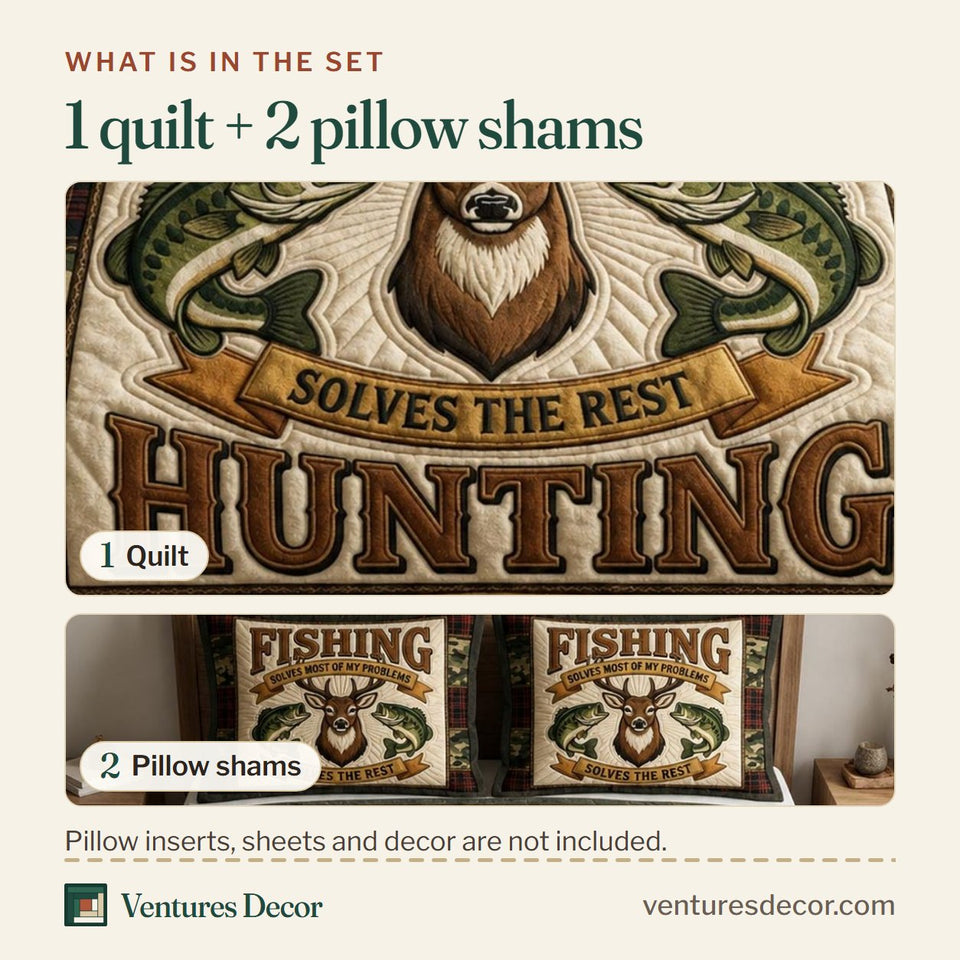 What is in the set: one quilt and two pillow shams, shown in the Hunting Fishing Camo Banner with Buck design