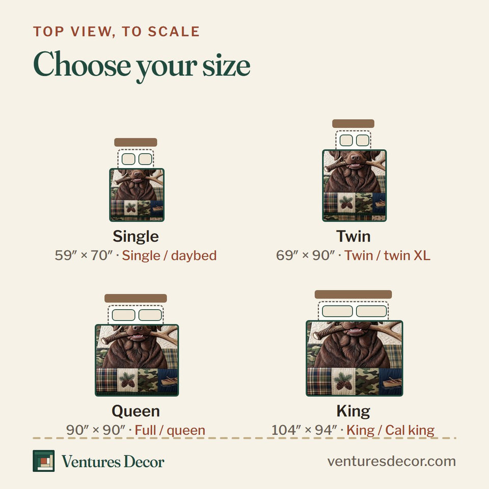 Size guide for the Hunting Lab Plaid Patchwork Portrait quilt, top view to scale: Single 59 x 70 in, Twin 69 x 90 in, Queen 90 x 90 in, King 104 x 94 in