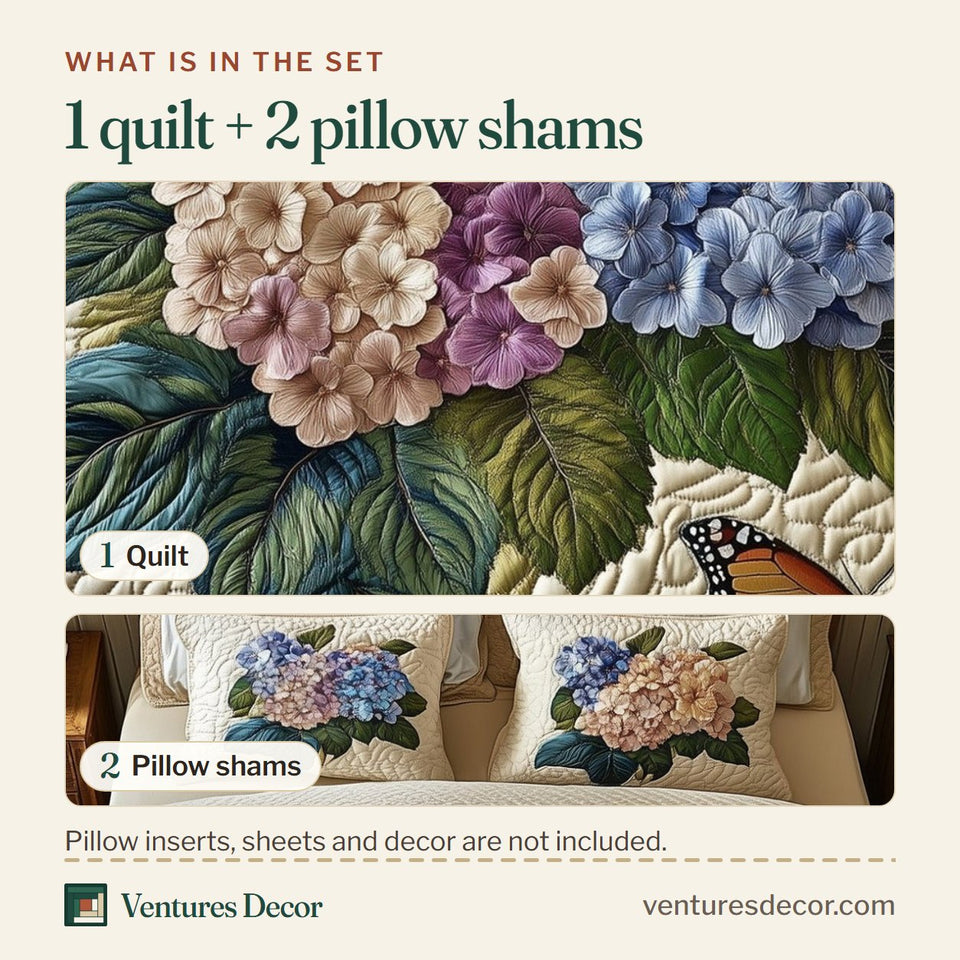 What is in the set: one quilt and two pillow shams, shown in the Hydrangea Butterfly Morning design