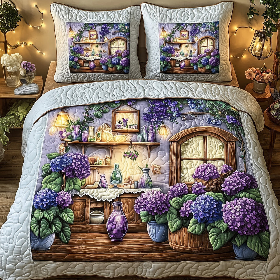 Hydrangea Cottage Window quilted bedding set, quilt and two pillow shams on a made bed