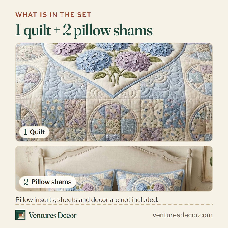 What is in the set: one quilt and two pillow shams, shown in the Hydrangea Patch Garden design