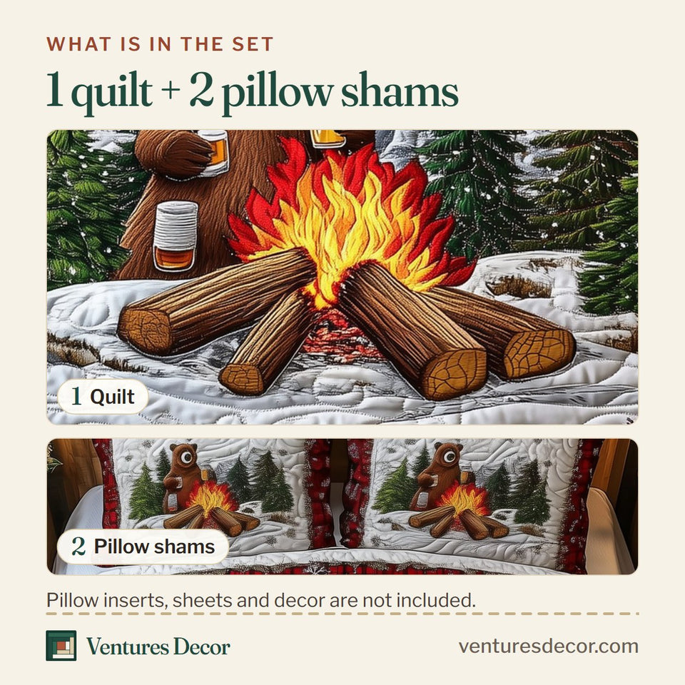 What is in the set: one quilt and two pillow shams, shown in the I Love Camping design