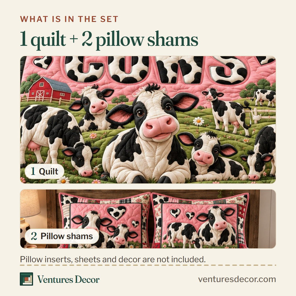 What is in the set: one quilt and two pillow shams, shown in the I Love Cows design