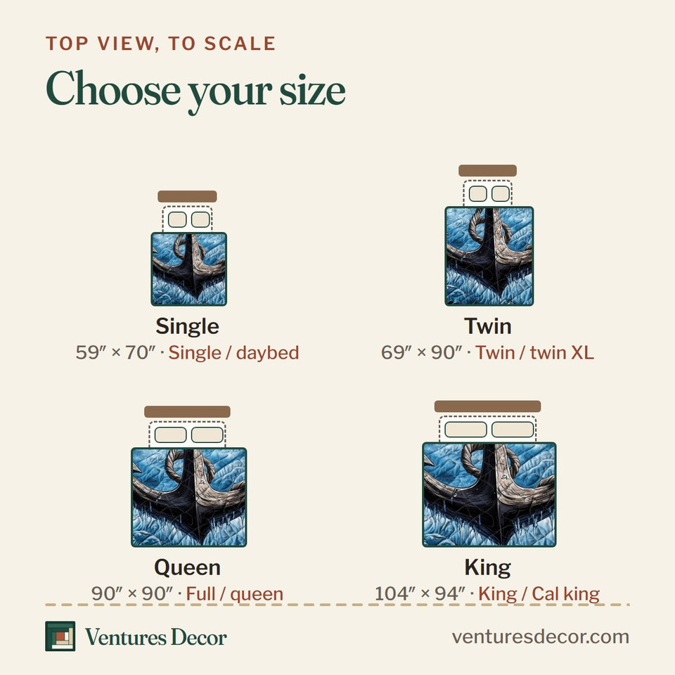 Size guide for the Icy Anchor quilt, top view to scale: Single 59 x 70 in, Twin 69 x 90 in, Queen 90 x 90 in, King 104 x 94 in