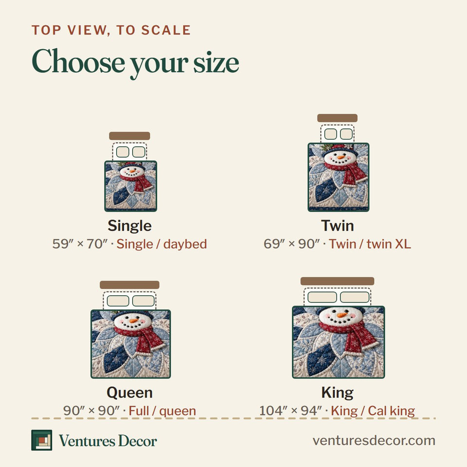 Size guide for the Icy Snowman quilt, top view to scale: Single 59 x 70 in, Twin 69 x 90 in, Queen 90 x 90 in, King 104 x 94 in