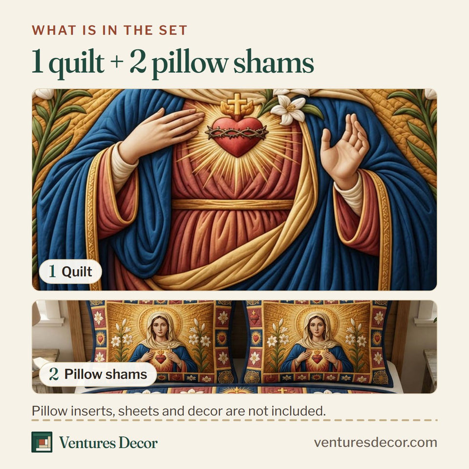 What is in the set: one quilt and two pillow shams, shown in the Immaculate Heart Mary design