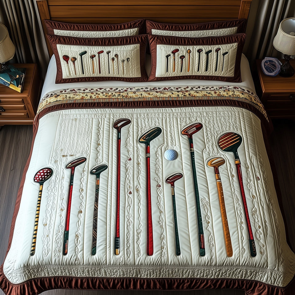 In the Golf Bag Vintage Club Lineup quilted bedding set, quilt and two pillow shams on a made bed
