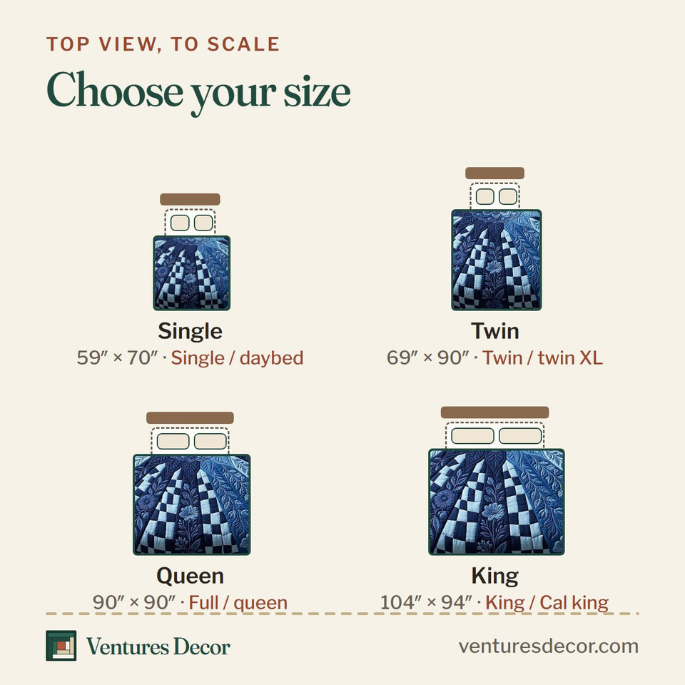 Size guide for the Indigo Frost Mandala quilt, top view to scale: Single 59 x 70 in, Twin 69 x 90 in, Queen 90 x 90 in, King 104 x 94 in