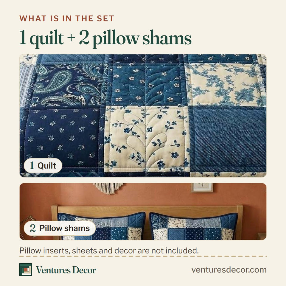 What is in the set: one quilt and two pillow shams, shown in the Indigo Patchwork design