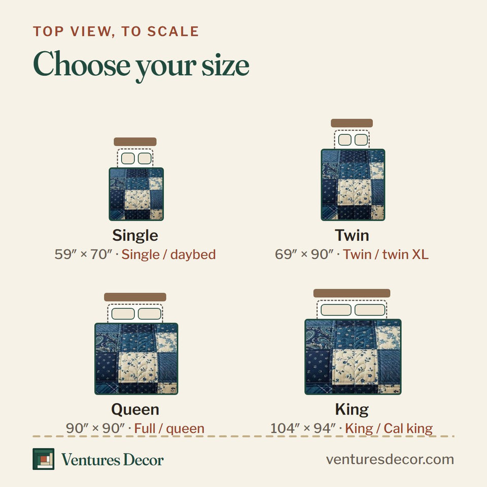 Size guide for the Indigo Patchwork quilt, top view to scale: Single 59 x 70 in, Twin 69 x 90 in, Queen 90 x 90 in, King 104 x 94 in