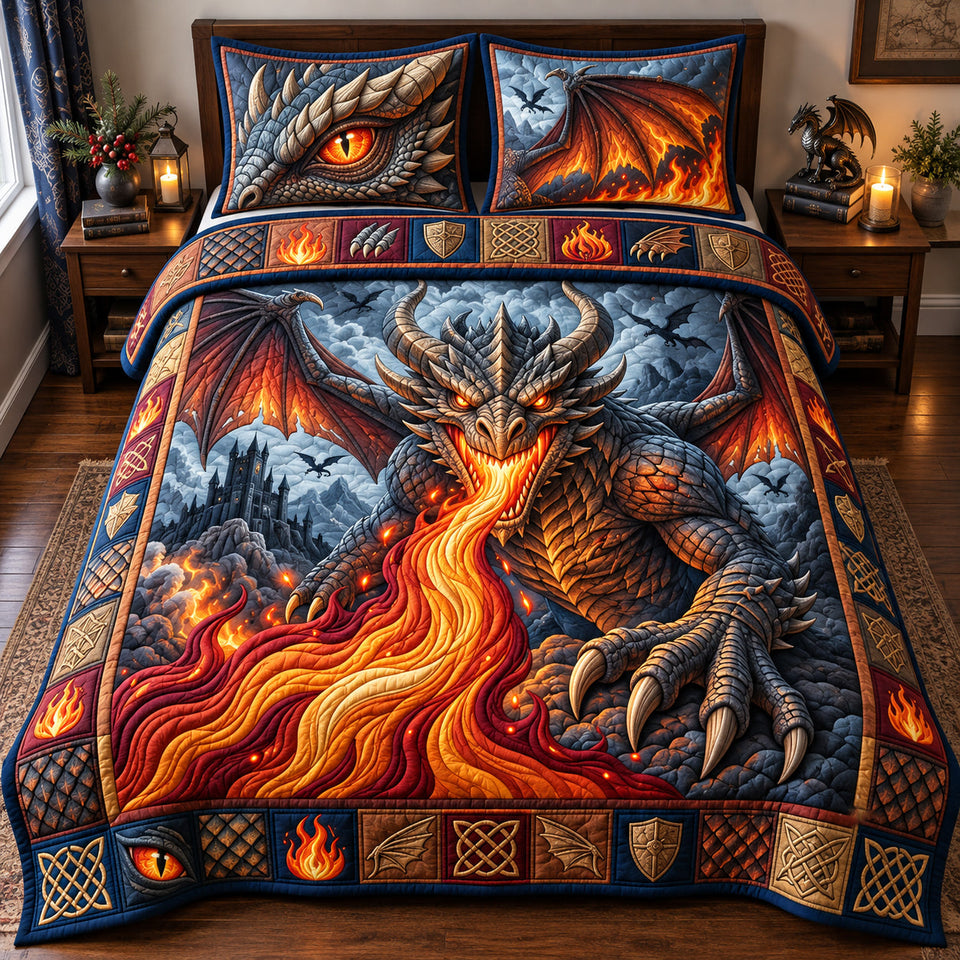 Inferno Dragon Decor quilted bedding set, quilt and two pillow shams on a made bed