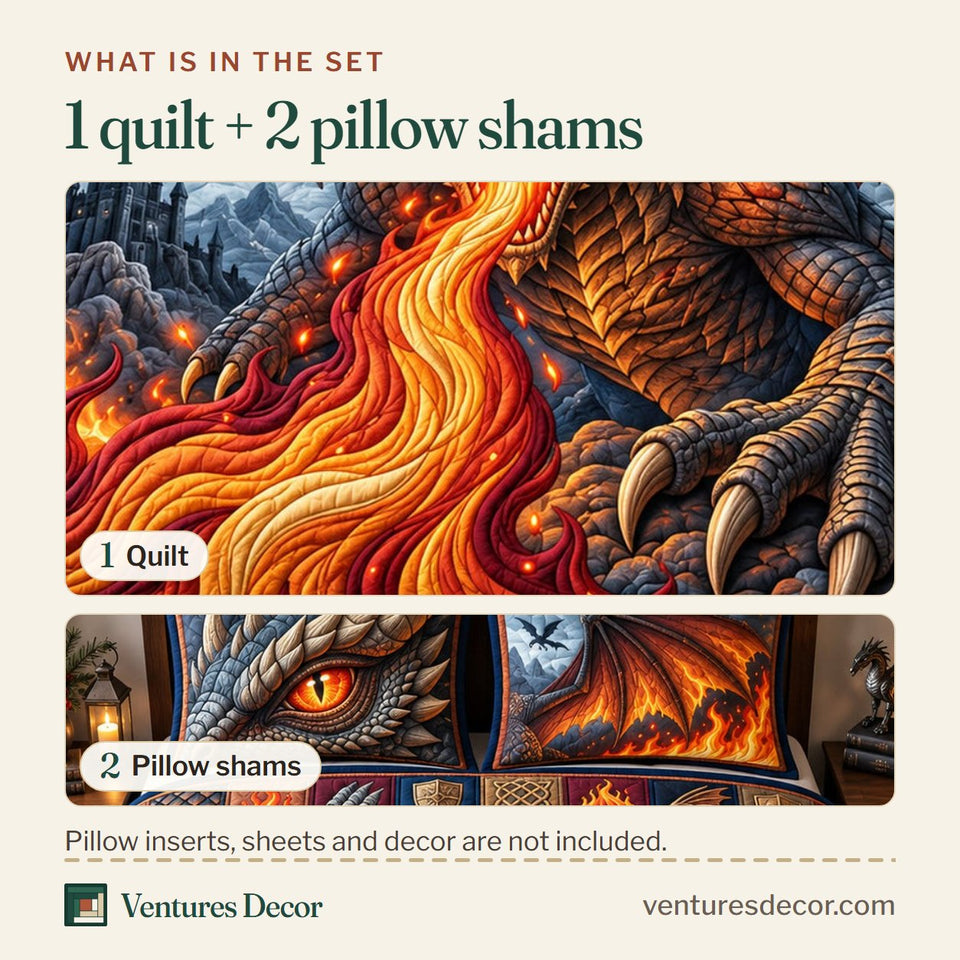 What is in the set: one quilt and two pillow shams, shown in the Inferno Dragon Decor design