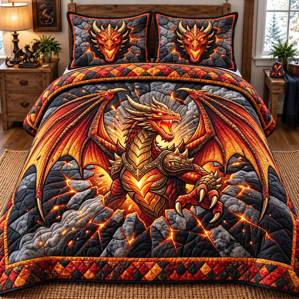 Inferno Dragon Fantasy Quilt quilted bedding set, quilt and two pillow shams on a made bed