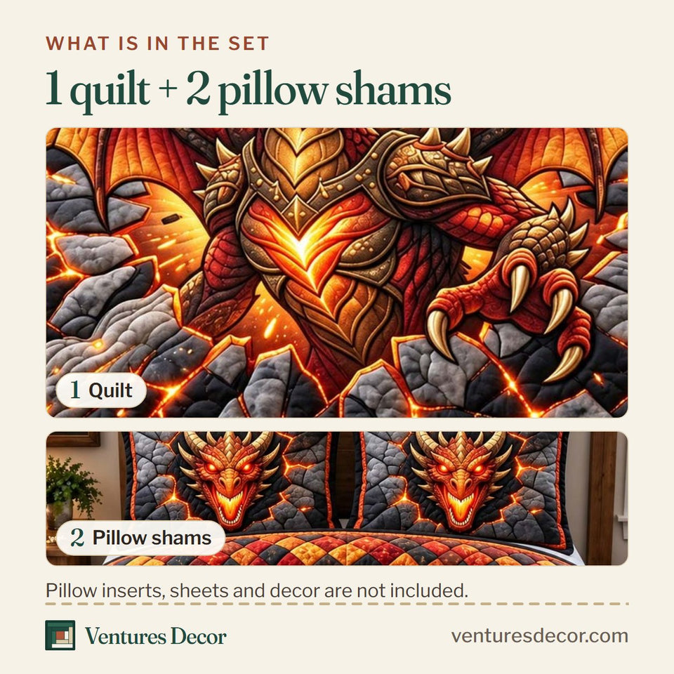 What is in the set: one quilt and two pillow shams, shown in the Inferno Dragon Fantasy Quilt Quilt Set, 3-Piece Quilted Bedding with 2 Pillow Shams design