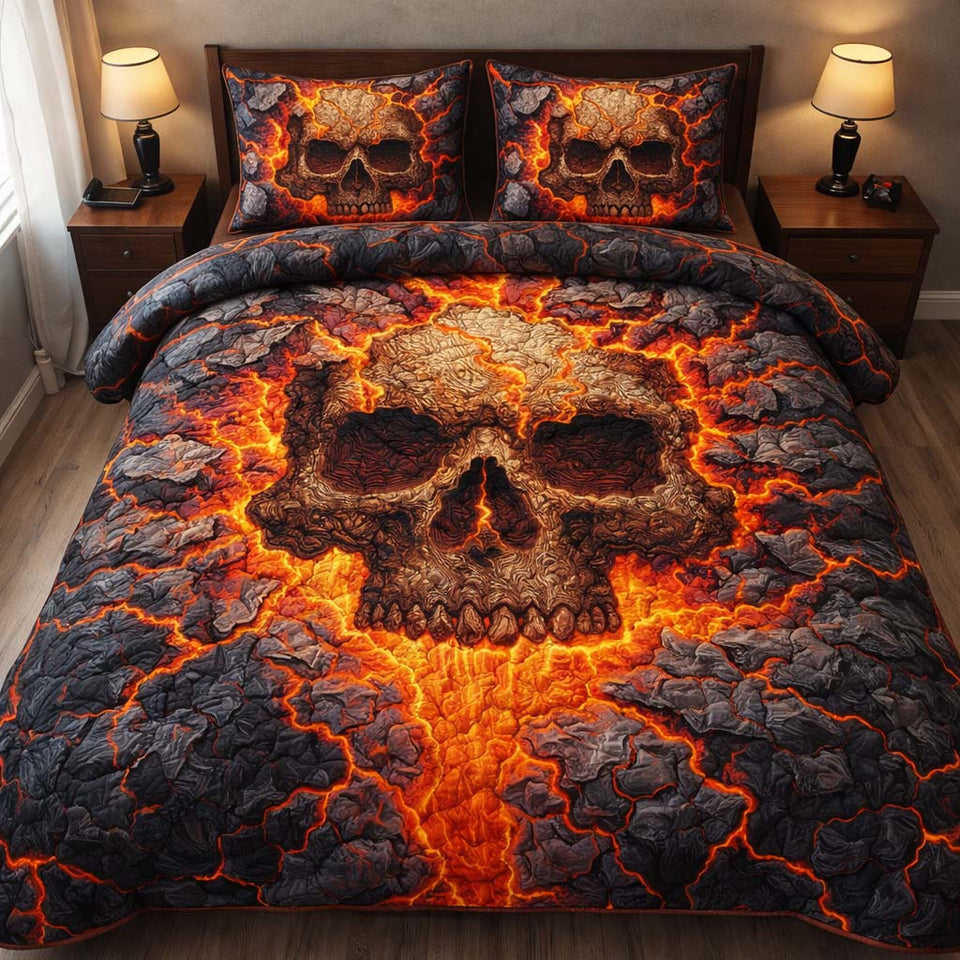 Inferno Lava Skull quilted bedding set, quilt and two pillow shams on a made bed