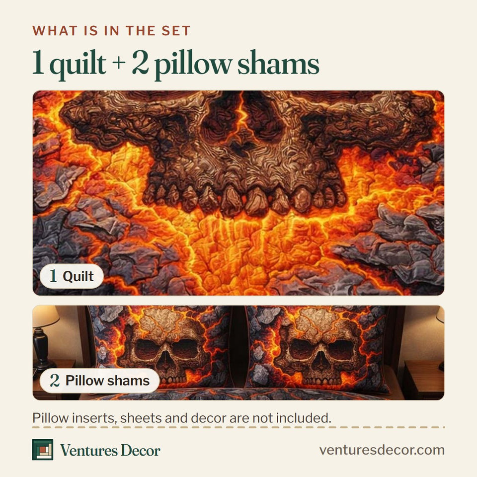 What is in the set: one quilt and two pillow shams, shown in the Inferno Lava Skull design