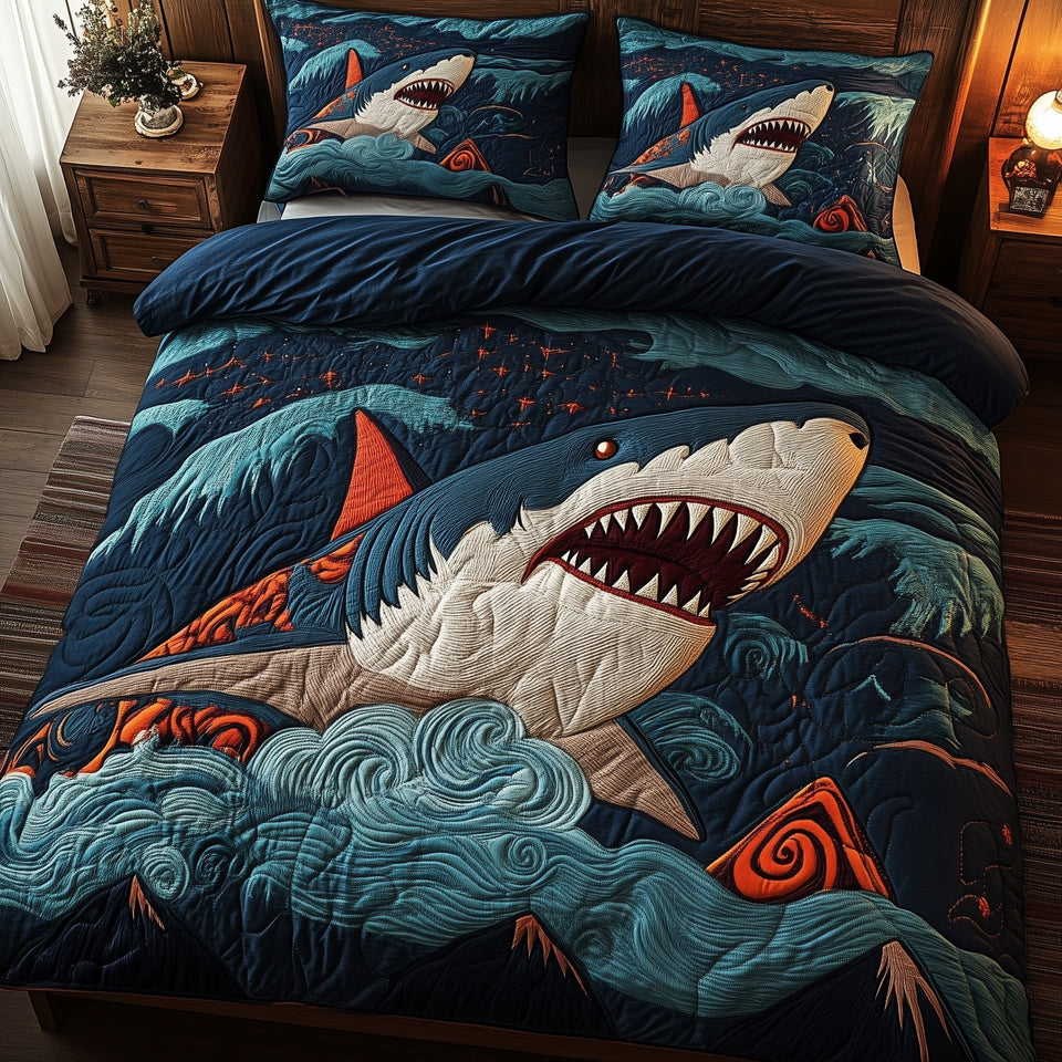 Inferno Shark quilted bedding set, quilt and two pillow shams on a made bed