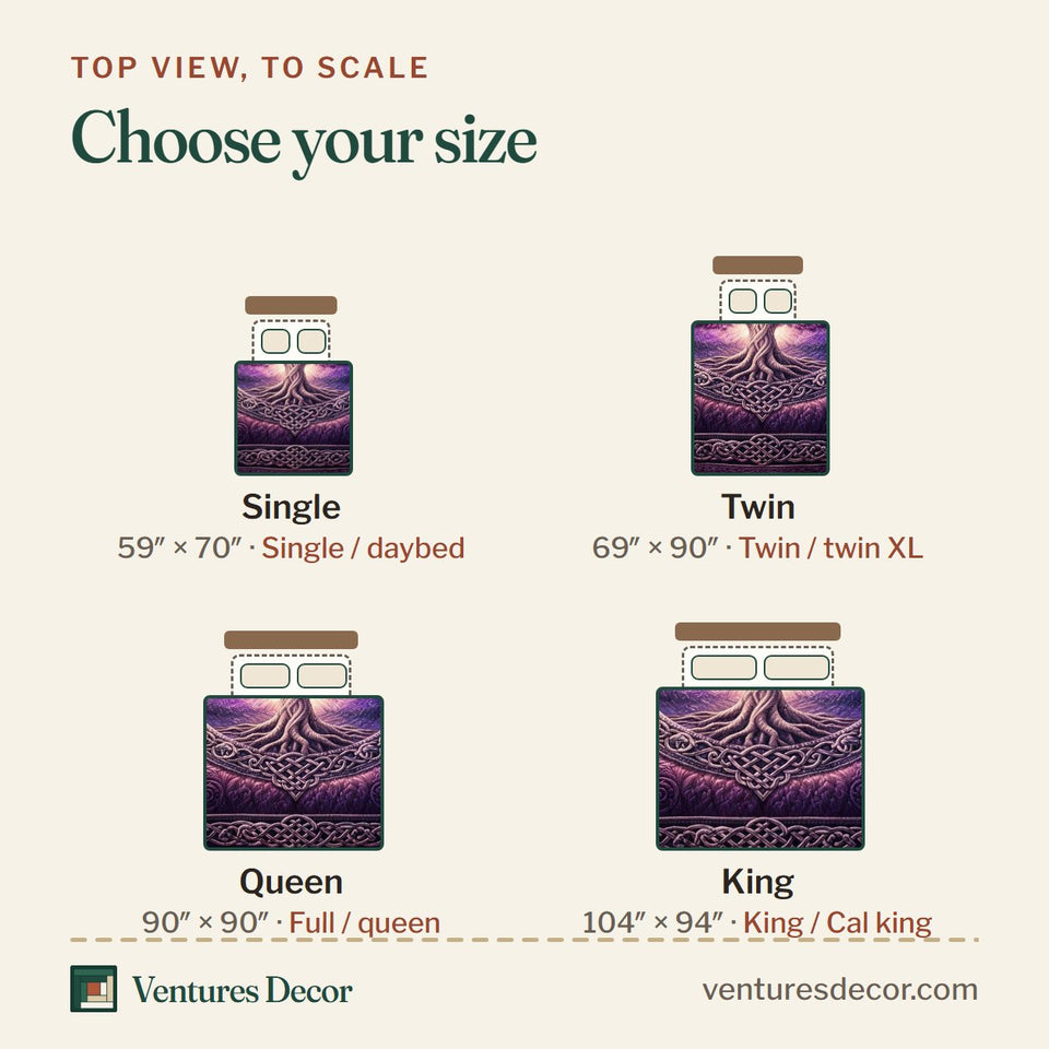 Size guide for the Infinite Roots quilt, top view to scale: Single 59 x 70 in, Twin 69 x 90 in, Queen 90 x 90 in, King 104 x 94 in
